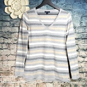 5/$30🎀Tommy Hilfiger | Preppy Striped Gray White Tan Cotton Career Wear Sweater